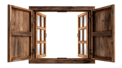 Open Rustic Wooden Window Frame with Shutters on white background.