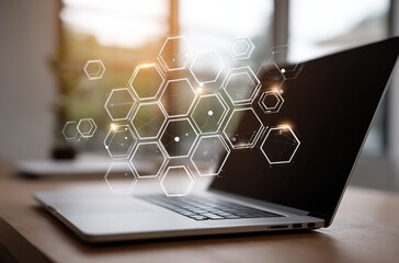 Laptop displaying glowing hexagonal network overlay. Wooden desk, soft-focus background, digital integration concept, technology in workspace