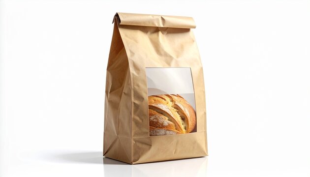 A brown paper bakery bag with a clear window revealing a fresh pastry, isolated on a white background.