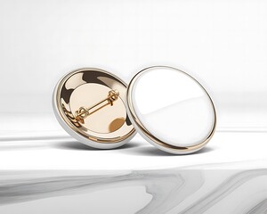 Pair of Gold-Rimmed White Ceramic Pin Badges, Front and Back Views with Clear Metal Pin Mechanism, Minimalist Studio Product Shot