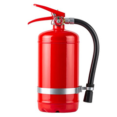 Red fire extinguisher safety equipment isolated against white background, used for emergency fire protection and prevention in homes, offices, and industrial settings.