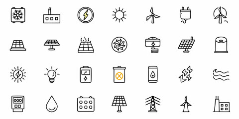 Collection of  Modern energy icons for sustainable power solutions, eco-friendly technology, and green initiatives