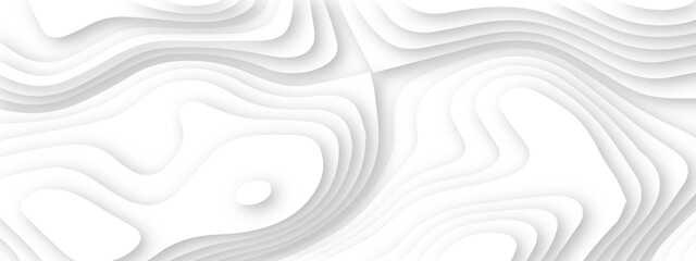 Abstract white paper cut background with smooth wavy layers. silver grid map line. topography mount contour map. 3d wavy paper curved reliefs background.