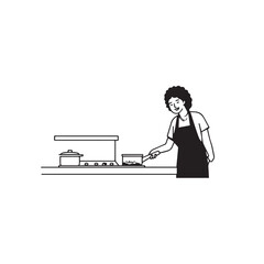 Black and White Vector Illustration of a Smiling Woman Cooking in Kitchen with Apron and Headband