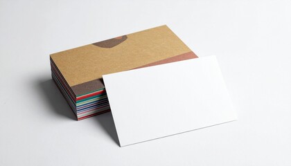 A blank white business card mockup leaning against a stack of colorful cards in a brown kraft paper sleeve on a white background.