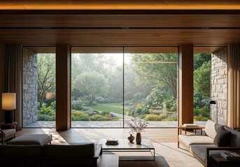 Modern living room interior with panoramic garden view and natural sunlight.