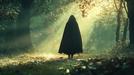 A hooded figure standing in a forest with sunlight filtering through the trees.