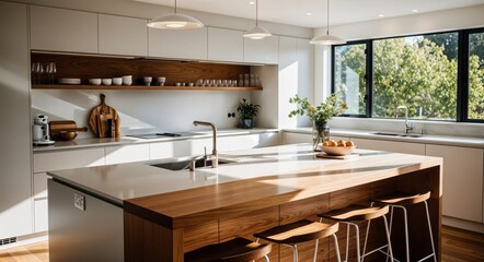 Bright modern kitchen interior design with a large wooden island with seating, sleek white cabinets, and open shelving.