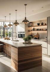 Modern kitchen with wooden island and pendant lighting.