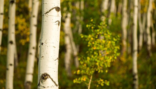 Aspen tree trunks in autumn sunlight - Powered by Adobe