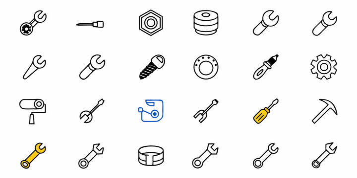 Collection of  Essential tools and hardware icons for construction, repair, and DIY projects