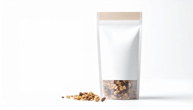 A white stand-up pouch with a clear window showing granola, featuring a blank label for branding on a white background.