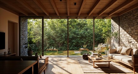 Modern living room interior featuring stone walls, wooden ceiling beams, and large glass windows overlooking a lush green garden