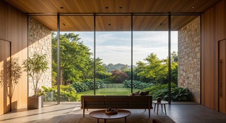 Modern living room with panoramic glass windows and garden view.