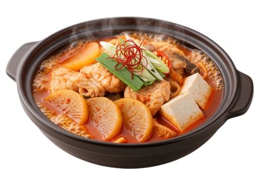 A hearty, spicy soup simmers in a dark earthenware pot, featuring chunks of fish, tofu, and daikon radish, all bathed in a vibrant red broth.
