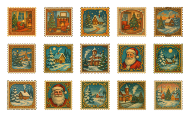 PNG Vintage holiday postage stamps illustration, element set on transparent background