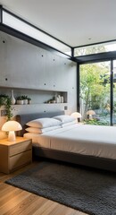 Modern and minimalist bedroom interior design, wooden flooring with gray carpet, bedside lamp, and large window with natural daylight
