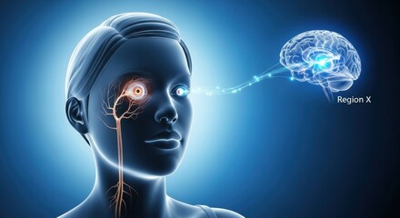 Woman's Eye to Brain Connection with Neurons on Blue Background