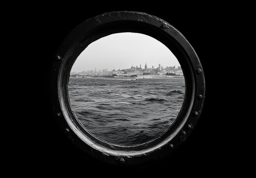 Fototapeta Cityscape Seen Through a Round Porthole