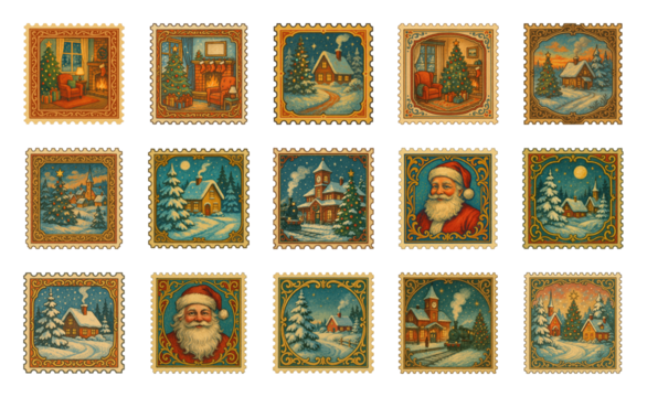 PNG Vintage holiday postage stamps illustration, element set on transparent background