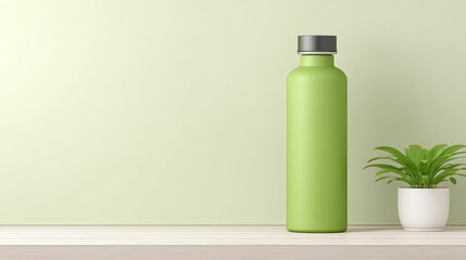 Eco Friendly Daily Habits for a Sustainable Lifestyle, A green water bottle stands beside a small potted plant on a wooden surface against a soft green wall.