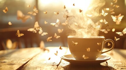 A steaming cup of coffee with flying butterflies in the background.