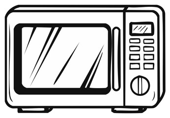 Black and White Line Art Illustration of a Modern Microwave Oven Kitchen Appliance for Cooking
