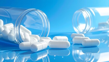 Spilled white capsules from tipped bottle on smooth blue surface