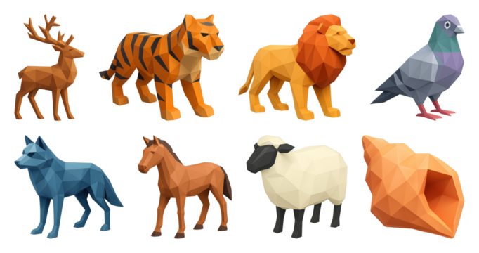 PNG Colorful geometric animal figures, element set on transparent background