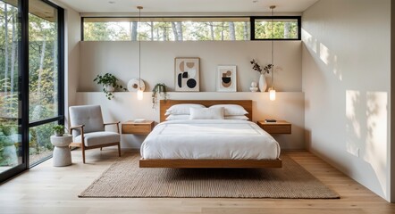 Japandi Modern Bedroom with Large Windows and Minimalist Decoration, wooden bed with white bedsheet.