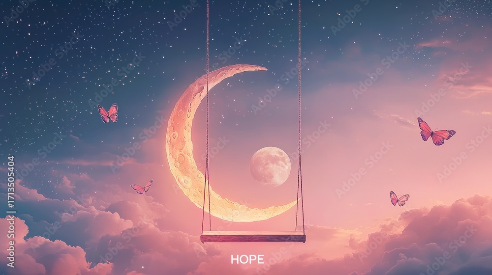 Canvas Prints a crescent moon and a full moon on a swing with butterflies and clouds in the background.