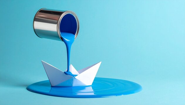 Paper boat under pouring blue paint mimicking water on glossy surface