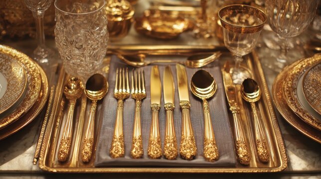 Luxurious Gold Flatware Set on Ornate Tray with Crystal Glasses - Powered by Adobe