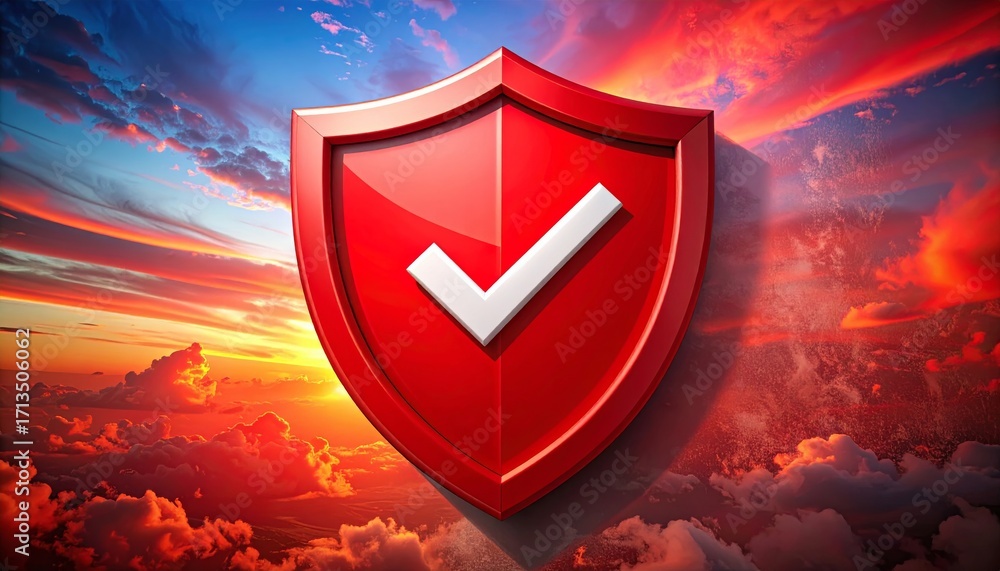 Poster red shield icon on a blue background is a sign of web security