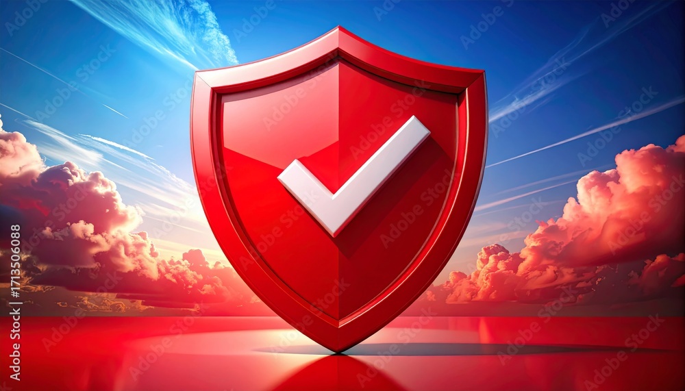 Poster red shield icon on a blue background is a sign of web security