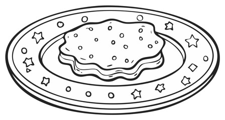 Hand Drawn Dessert on Decorative Plate Line Art Illustration Black and White Vector, Outline Dessert with Stars on Tray Sketch