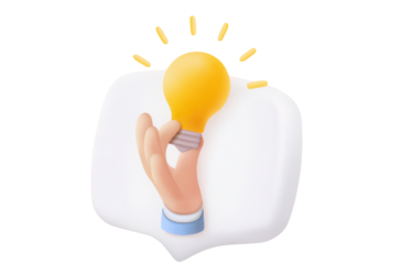 A 3d cartoon hand holding a glowing yellow light bulb inside a white speech bubble representing a brilliant idea isolated on transparent background