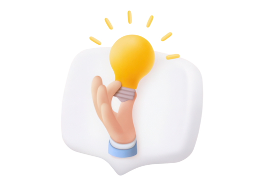 A 3d cartoon hand holding a glowing yellow light bulb inside a white speech bubble representing a brilliant idea isolated on transparent background - Powered by Adobe