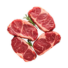 Four Raw Beef Steaks with Rosemary Sprigs on Black Background raw meat
