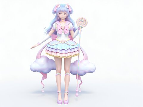 A full-body 3D render of a cute anime girl in a pastel rainbow dress, holding a lollipop against a white background.