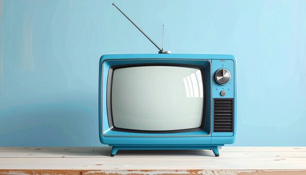 Retro blue TV on wood surface with light blue backdrop