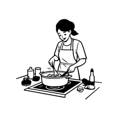 Black and White Vector Illustration of a Smiling Woman Cooking in Kitchen with Apron and Headband
