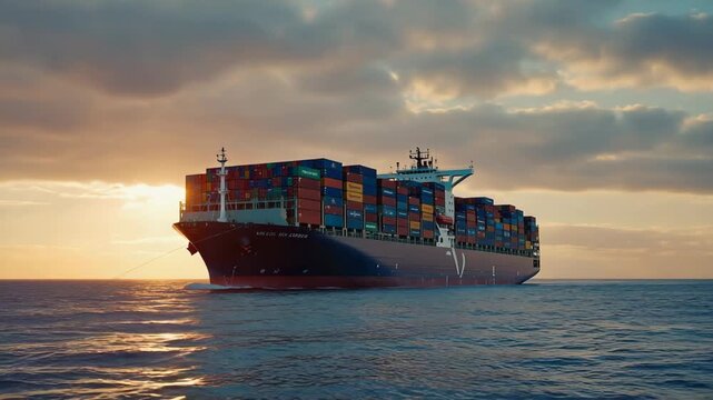 Containerschiff auf dem Meer bei Sonnenuntergang