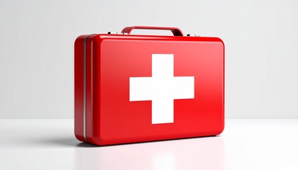 Obraz premium A bright red first aid kit with a white cross symbol on a clean white background.