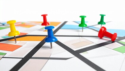 Colorful push pins on stylized city map