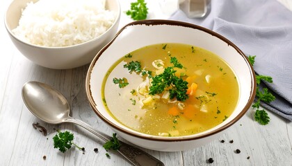 Creamy soup with rice on a light wooden table