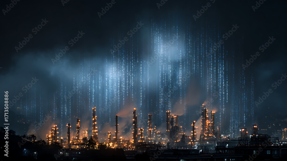 Poster dark sky backdrop with factories illuminated by soft, moving digital data streams