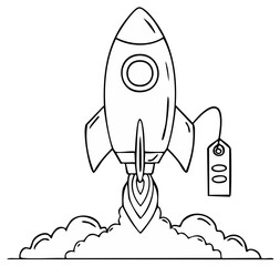 Obraz premium Rocket launching with price tag, business start-up, or sales concept illustration.