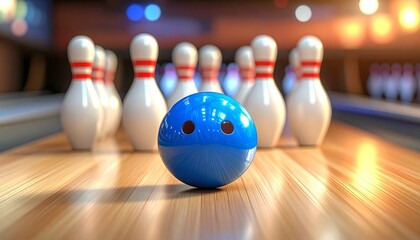 Smiling cartoon bowling ball facing pins in cozy alley
