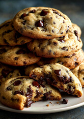 Deliciously golden cookies with melted chocolate chips are stacked high on a white plate. The inviting aroma fills the kitchen, perfect for sharing after a long day.